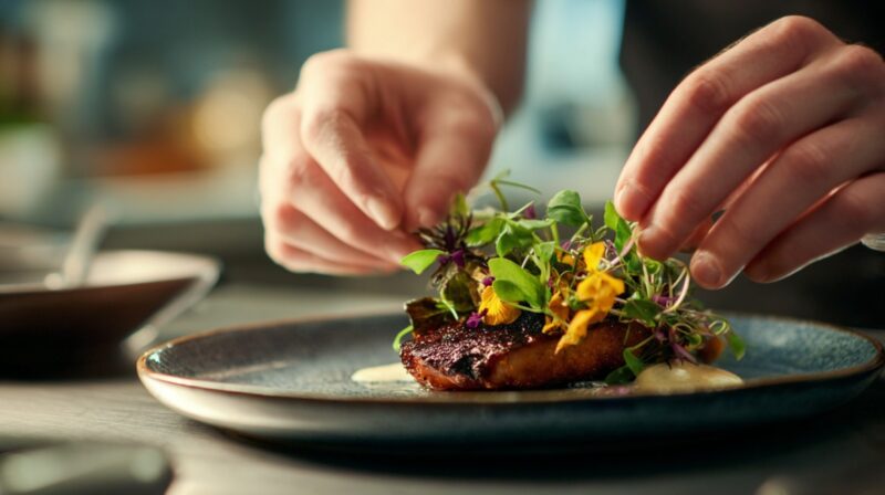 Close-up of a chef’s hands carefully garnishing a dish with colorful edible flowers and herbs on a dark plate