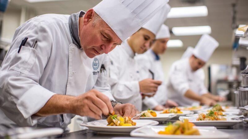 Chefs in white uniforms and tall hats meticulously plating gourmet dishes in a professional kitchen