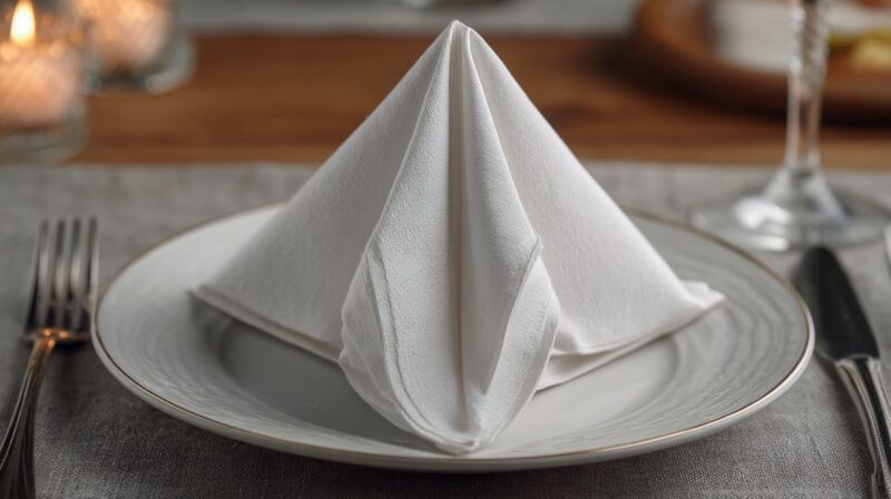 Elegant dining setup with a neatly folded white napkin on a plate, surrounded by cutlery and soft candlelight