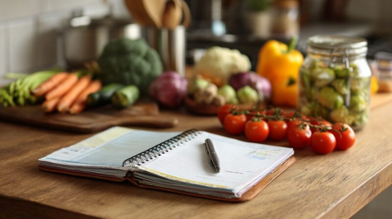 Open meal planner notebook with pen on a kitchen counter surrounded by fresh vegetables, showing the process of organizing meals