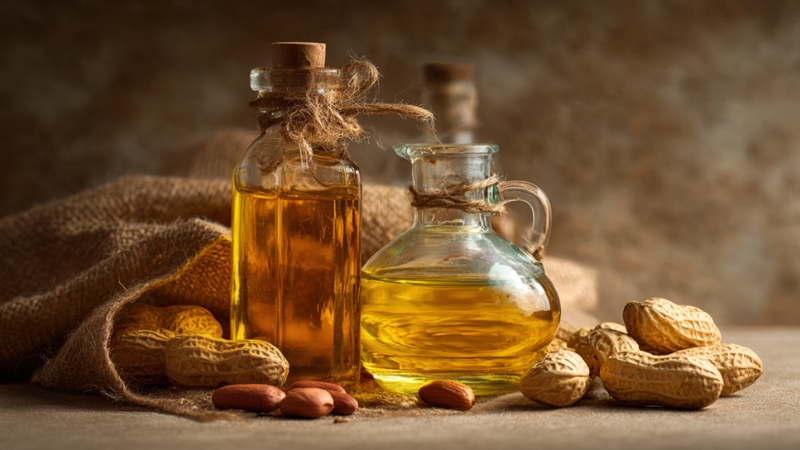 Bottles of peanut oil and vegetable oil placed beside raw peanuts on a rustic table