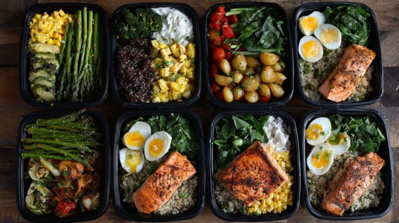 Meal prep containers filled with salmon, eggs, grains, and fresh vegetables like asparagus, broccoli, and potatoes