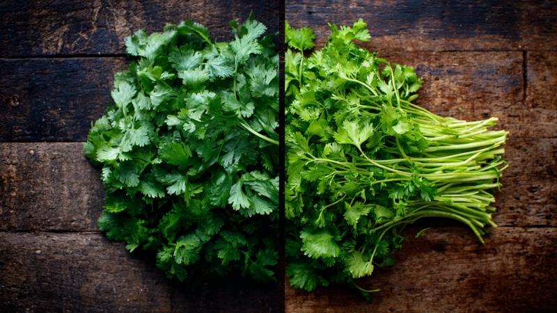 Bundles of culantro and cilantro placed side by side