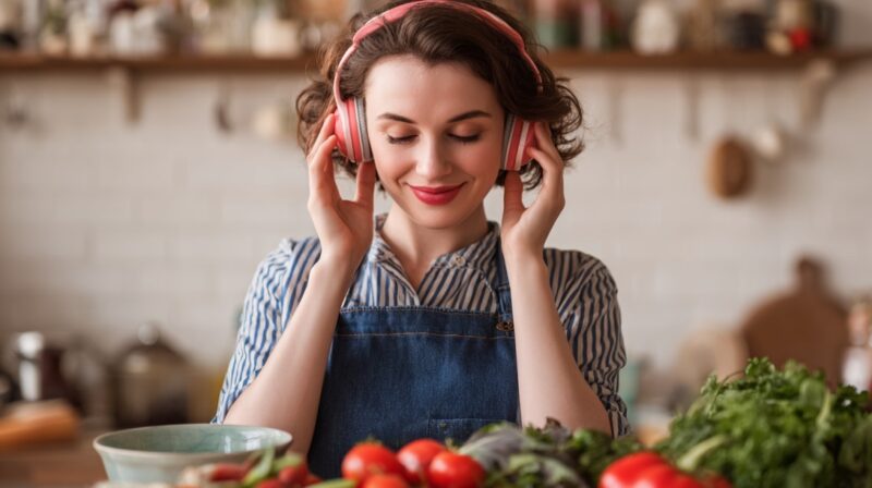 Woman in an apron enjoying music through pink headphones while preparing fresh vegetables in the kitchen