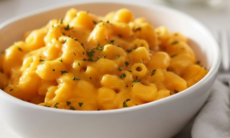Close-up of creamy, orange macaroni and cheese topped with fresh green parsley in a white bowl