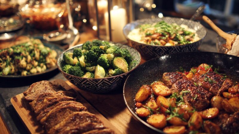 A cozy dinner table filled with roasted meat, potatoes, and green vegetables under warm candlelight, creating a welcoming atmosphere
