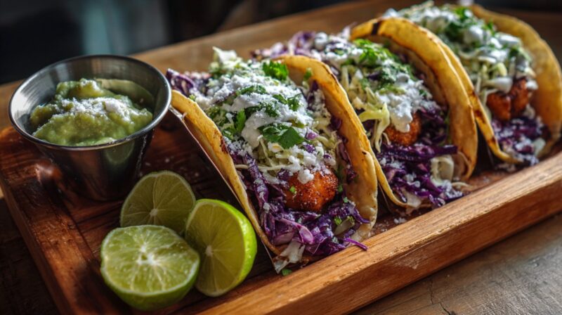 Wooden tray with three tacos filled with fish, cabbage, cilantro, and cheese, served with lime wedges and guacamole