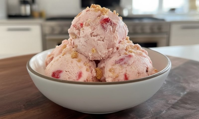 A bowl of ice cream topped with fresh strawberries and chopped nuts