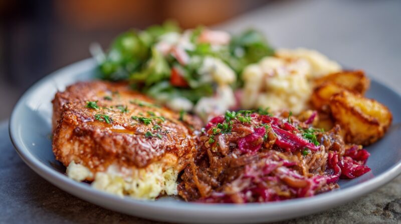 Plate of assorted food including baked fish, shredded meat with red cabbage, roasted potatoes, and fresh salad