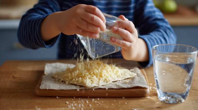 A child sprinkles shredded cheese onto flatbread while sitting at a wooden table with a glass of water nearby