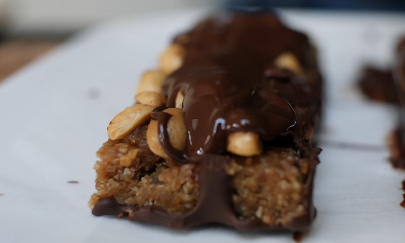 Close up of a chocolate vegan snicker bar