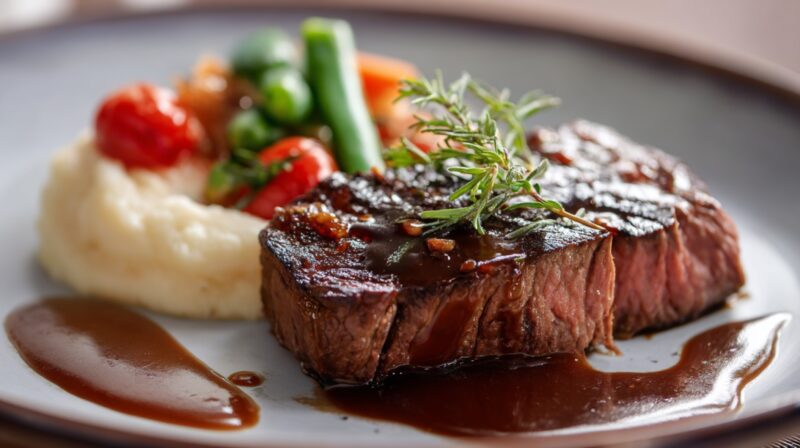 A beautifully plated steak topped with herbs, served with mashed potatoes, vegetables, and a drizzle of sauce