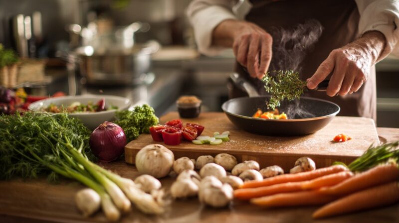Person cooking with fresh vegetables and herbs on a wooden counter, adding herbs to a steaming pan