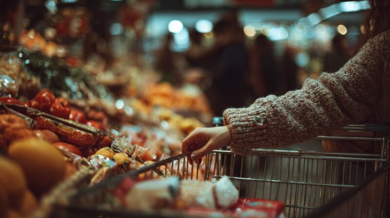 Person in a cozy sweater pushing a grocery cart through the produce aisle filled with colorful fruits and vegetables