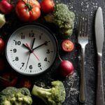 Clock surrounded by fresh vegetables with fork and knife, symbolizing meal planning and time management for healthier eating