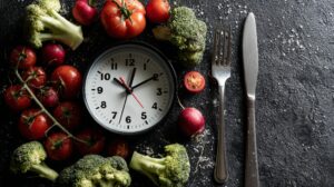 Clock surrounded by fresh vegetables with fork and knife, symbolizing meal planning and time management for healthier eating