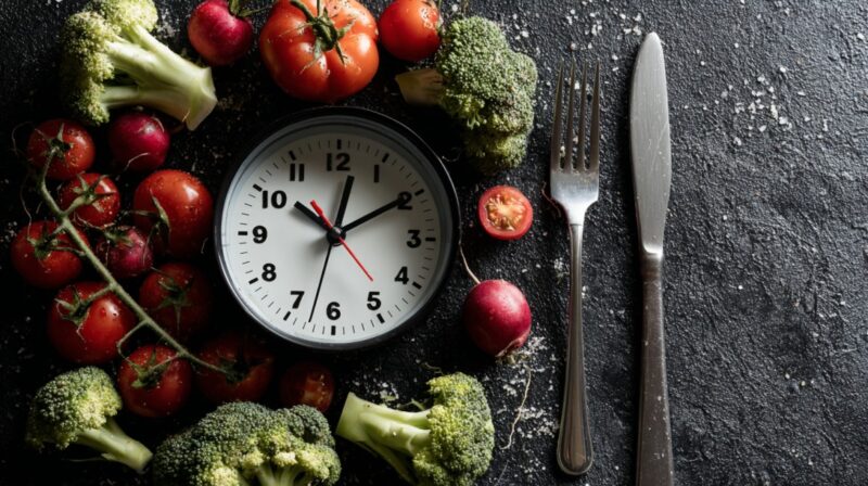 Clock surrounded by fresh vegetables with fork and knife, symbolizing meal planning and time management for healthier eating