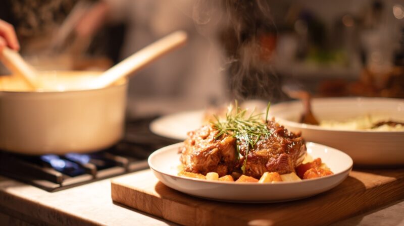 A warm, home-cooked meal with roasted meat and vegetables on a plate, garnished with herbs, beside a pot cooking on the stove