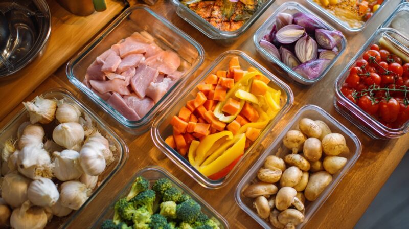 Glass containers filled with fresh ingredients including chicken, bell peppers, carrots, onions, potatoes, garlic, broccoli, and cherry tomatoes on a wooden kitchen counter