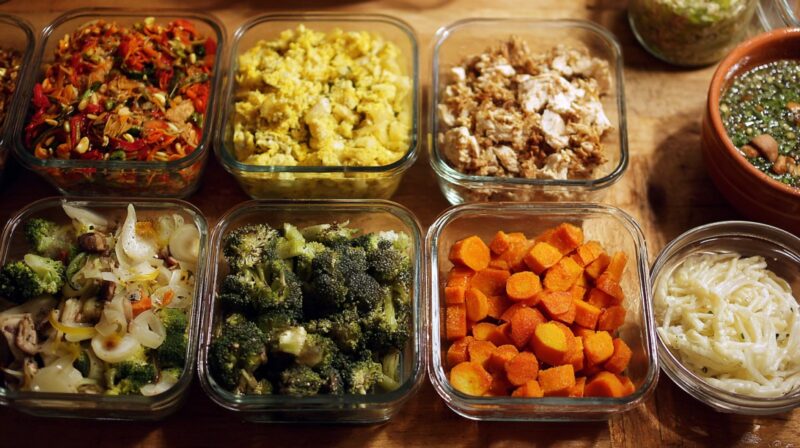 Glass containers filled with pre-cooked vegetables, grains, and proteins, showcasing batch cooking and meal prepping