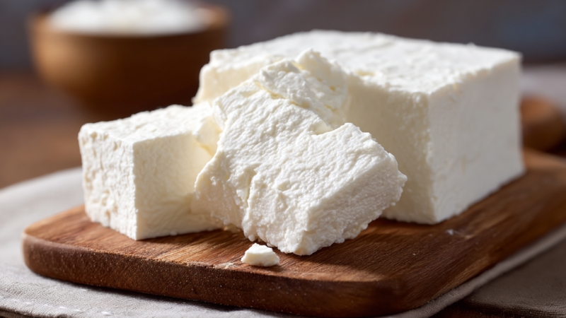 Soft white feta-style cheese on a wooden board