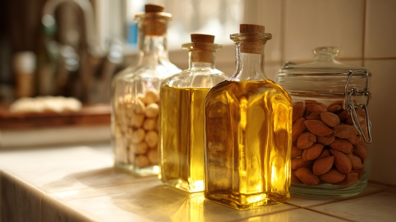 Glass bottles of peanut oil and vegetable oil on a kitchen counter