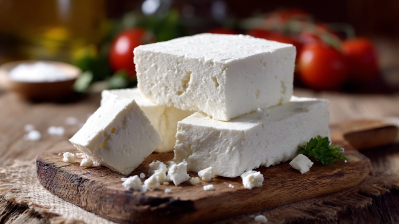 Feta cheese blocks on a wooden board showing their crumbly texture
