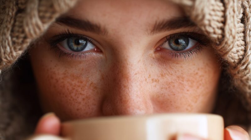 Close up of a person with freckles holding a mug of hot unsweetened tea near their face