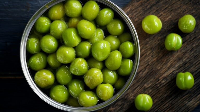 Open can of bright green peas on a wooden surface