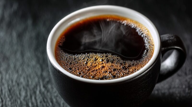 Steaming cup of black coffee in a dark mug