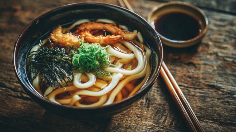 Bowl of udon noodle soup with broth, shrimp, seaweed, and green onions