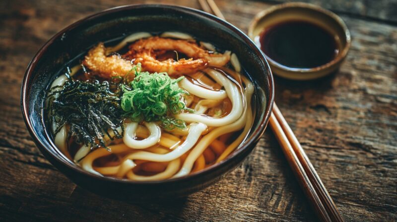 Bowl of udon noodle soup with broth, shrimp, seaweed, and green onions