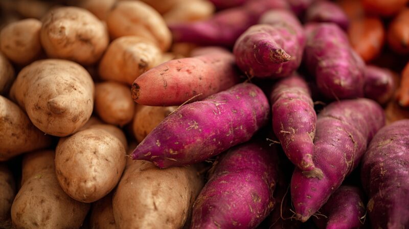 Pile of raw sweet potatoes and white potatoes with natural skins