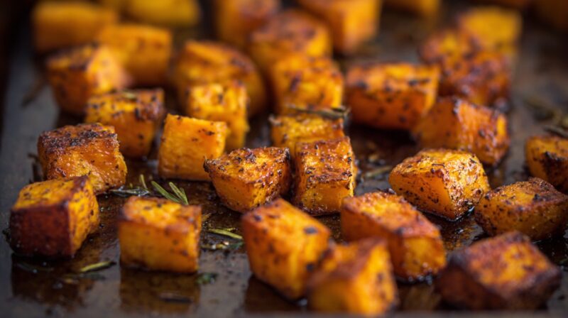 Oven roasted sweet potato cubes on a baking sheet