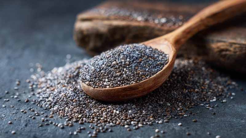 Chia seeds in a wooden spoon on a dark surface