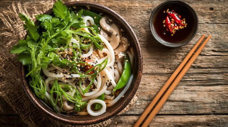 Bowl of udon noodles topped with cilantro, mushrooms, green onions, and sesame seeds