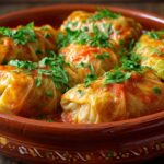 A dish of cabbage rolls topped with chopped parsley and simmered in tomato sauce
