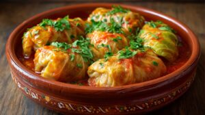 A dish of cabbage rolls topped with chopped parsley and simmered in tomato sauce
