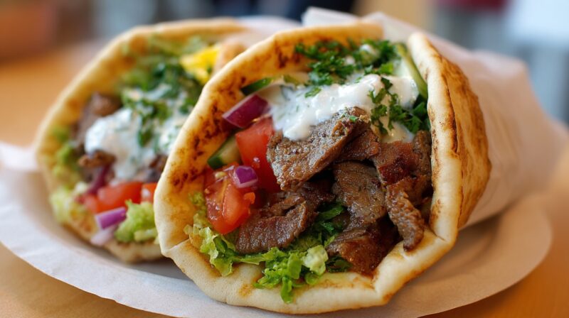 Two gyro wraps with sliced meat, lettuce, tomato, onion, and tzatziki in pita