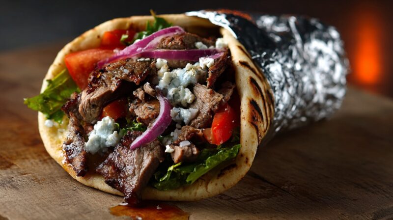 Grilled meat gyro wrapped in pita with vegetables and cheese