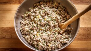 Large bowl filled with a mixture of ground meat, rice, onions, and herbs being stirred with a wooden spoon