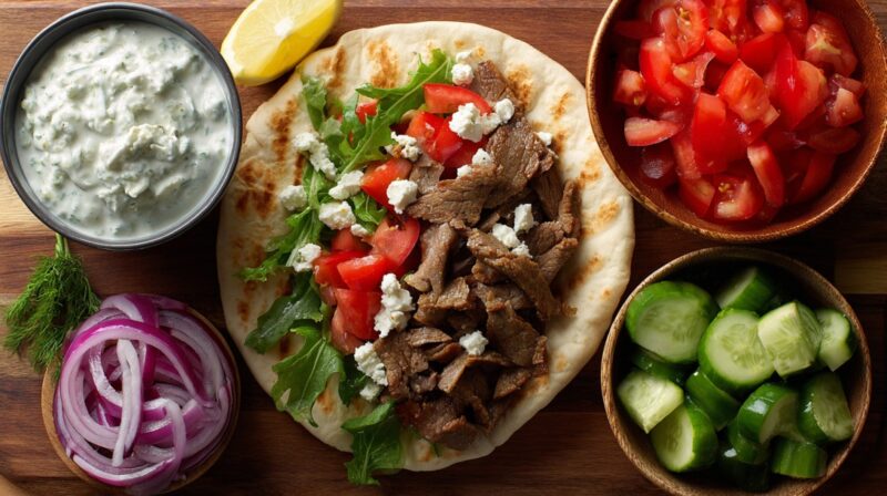 Gyro components including sliced meat on pita with tzatziki, tomato, cucumber, and onion