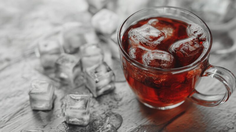 Clear glass mug filled with unsweetened iced tea and ice cubes on a gray surface
