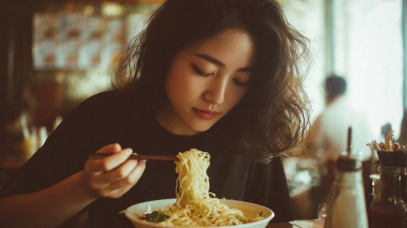 Person eating udon noodles with chopsticks at a restaurant table