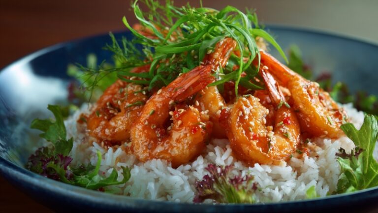 Plant-based shrimp served over rice with glossy sauce, sesame seeds, and fresh herbs