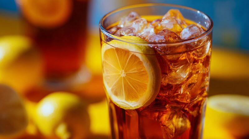 Glass of iced unsweetened tea with lemon slice and ice cubes