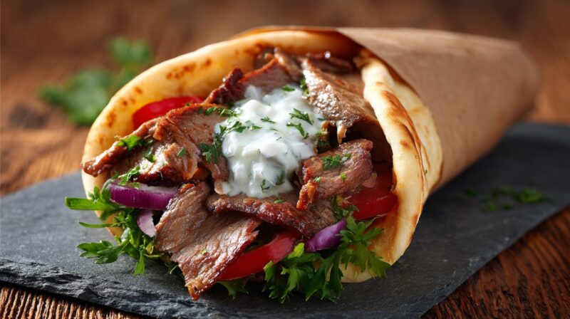 Gyro sandwich with grilled meat, pita bread, vegetables, and yogurt sauce