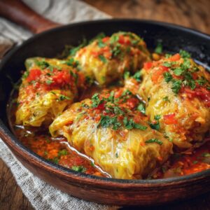 Close-up of stuffed cabbage rolls in a pan topped with fresh herbs and tomato sauce
