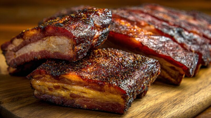 Close-up of thick slices of smoked pork with a caramelized, seasoned crust on a wooden board