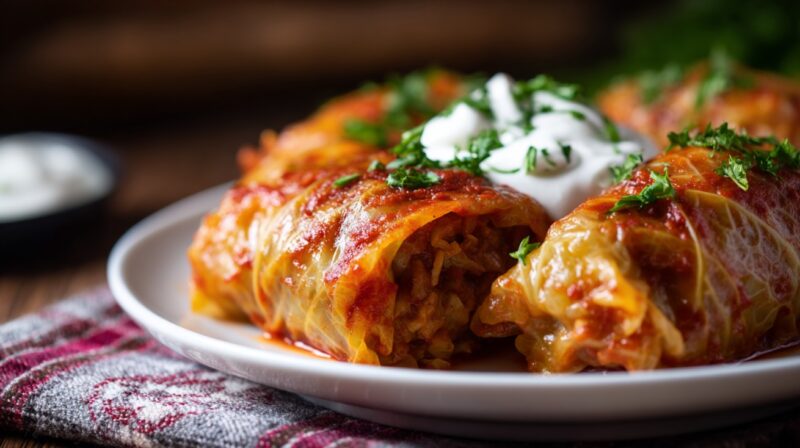 Close-up of cabbage rolls on a plate topped with tomato sauce, fresh herbs, and sour cream